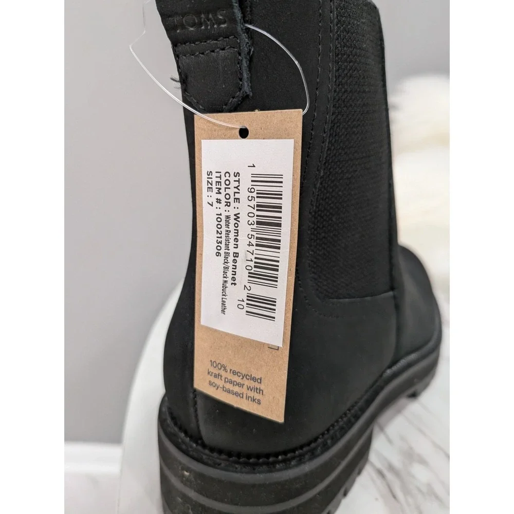 NEW NO BOX TOMS Bennet Boots Size 7 Black Nubuck Leather Water Resistant Chelsea